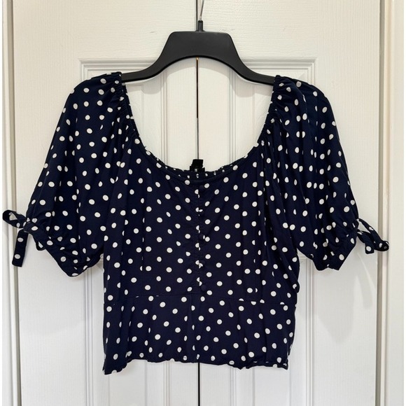 J.CREW Tops - J. Crew Cropped Polka Dot Top M Blue Babydoll Preppy Off Shoulder Retro Modern